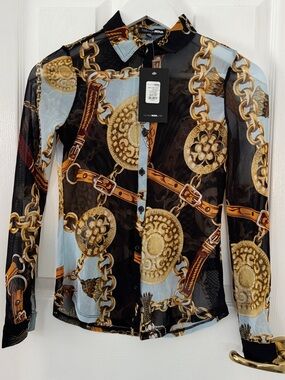 Fashion Nova Black & Light Blue Chain-Print Button Shirt